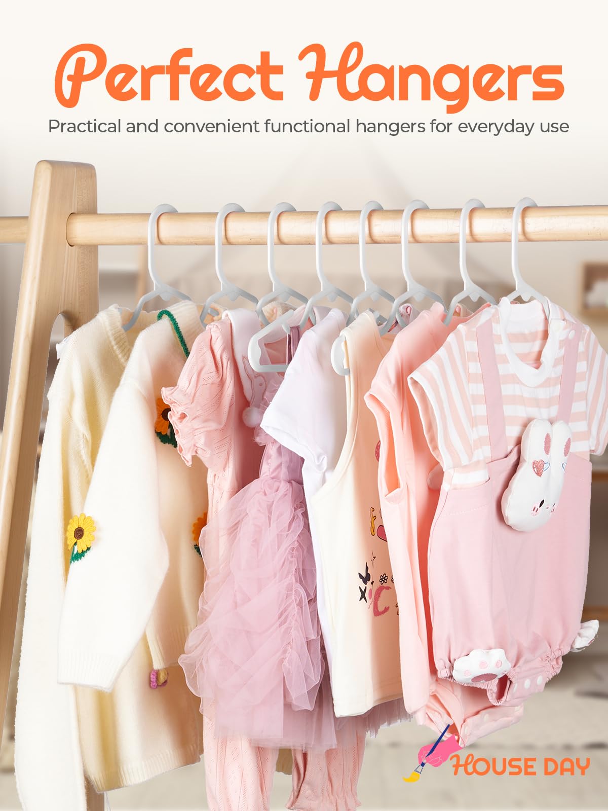 HOUSE DAY Premium Baby Hangers 60 Pack, 11 Inch Kids Plastic Hangers White, Slim Childrens Hangers for Infant, Toddler, and Child Clothes, Durable Baby Clothes Hangers for Closet