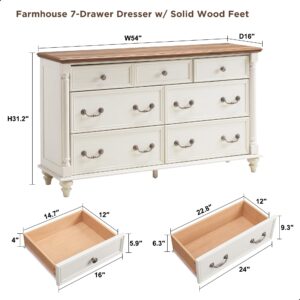 T4TREAM Farmhouse 7 Drawers Dresser Chests for Bedroom w/ 4 Solid Wood Feet & Column Decor, Tall Wide Wood Country Rustic Chest of Drawers, Storage Dressers for Bedroom, Living Room, Antique White