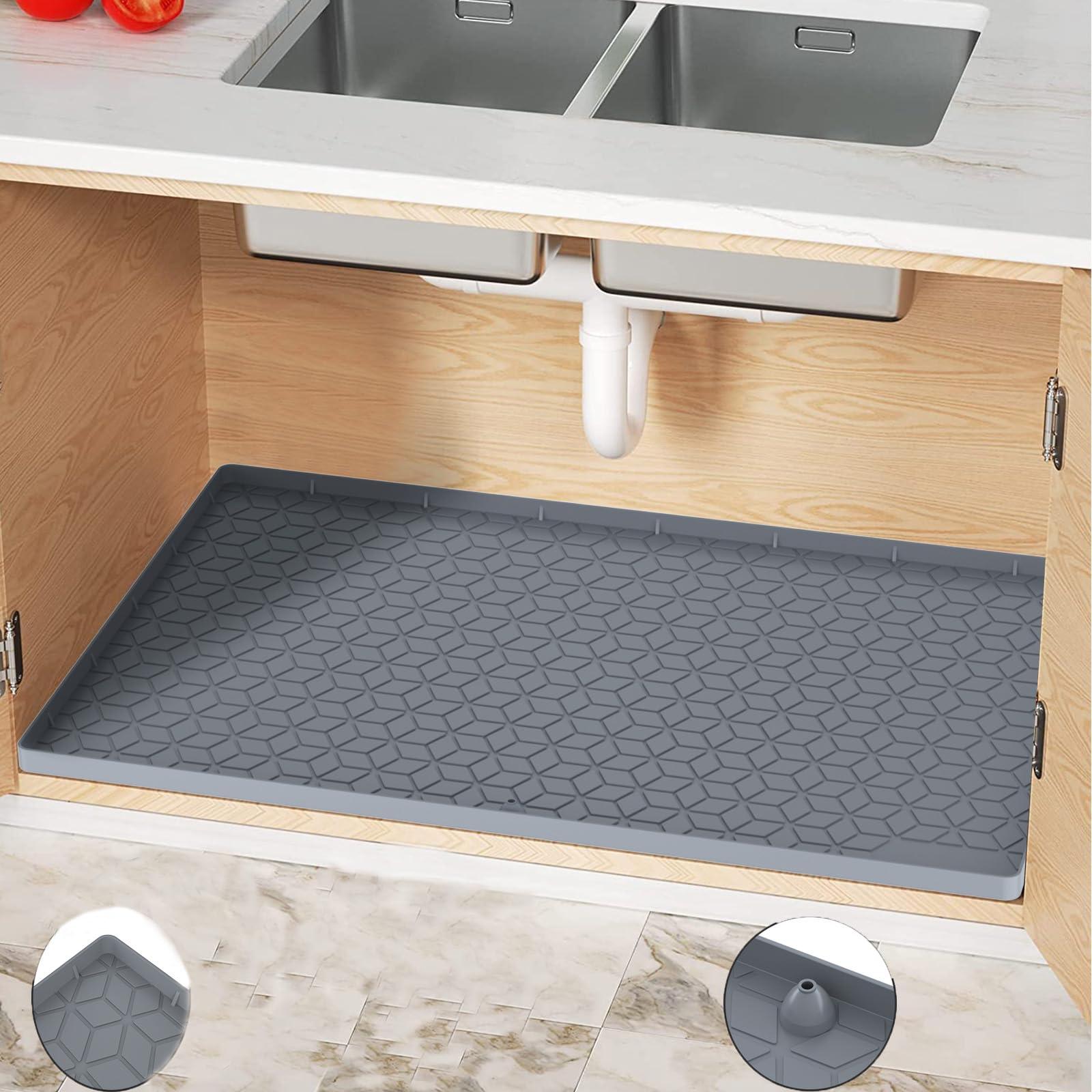 Under Sink Mat for Kitchen, Silicone Waterproof Liner, Flexible Organizer Tray with Drain Hole, 3.3 Gallons Capacity, Easy to Clean (Gray, 34x22)