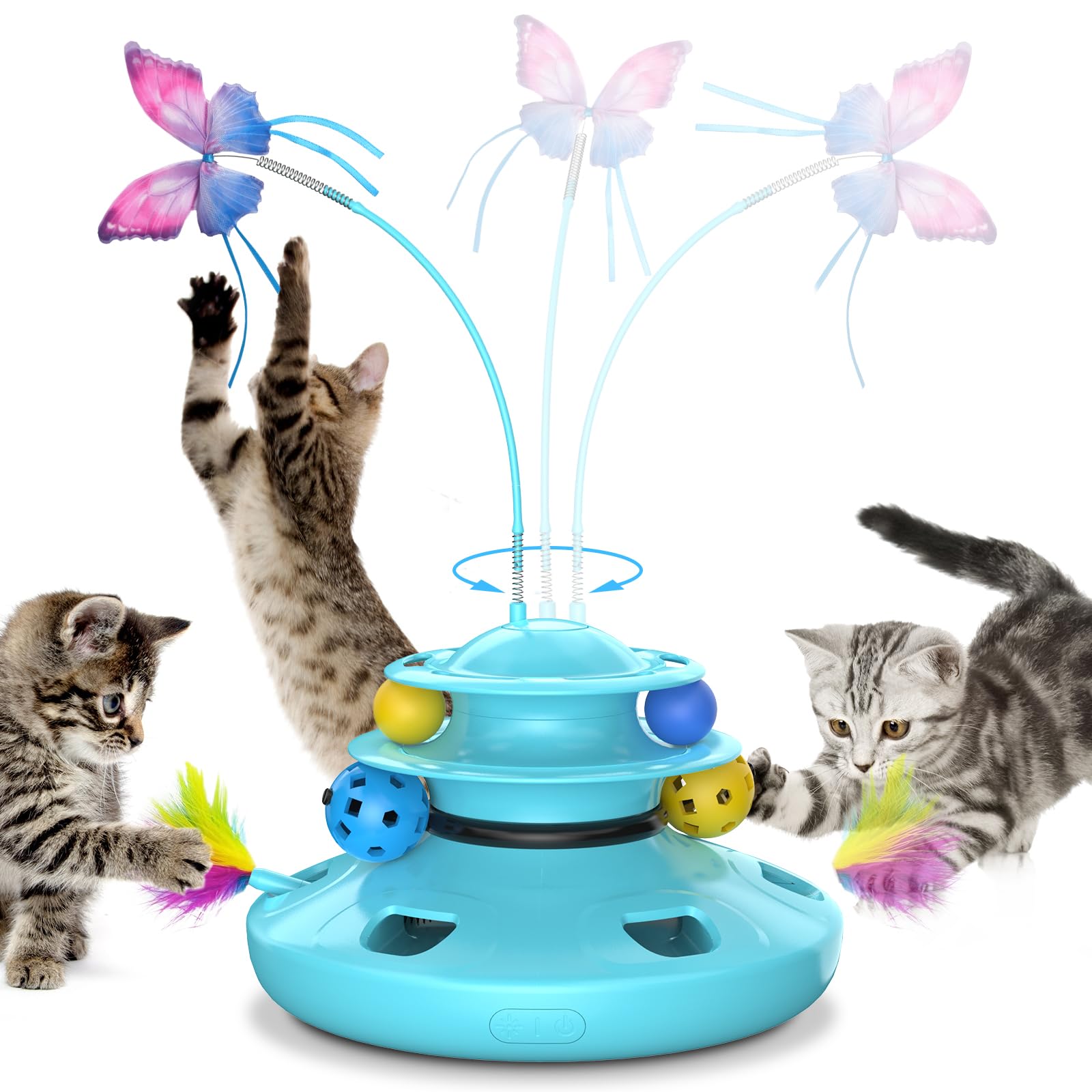 Cat Toys, 4-in-1 cat interactive toy for indoor Rechargeable Automatic with Fluttering Butterfly Random Moving Ambush Feather 2-Tier Track Balls for Bored Indoor Adult Cats Kittens All Breeds