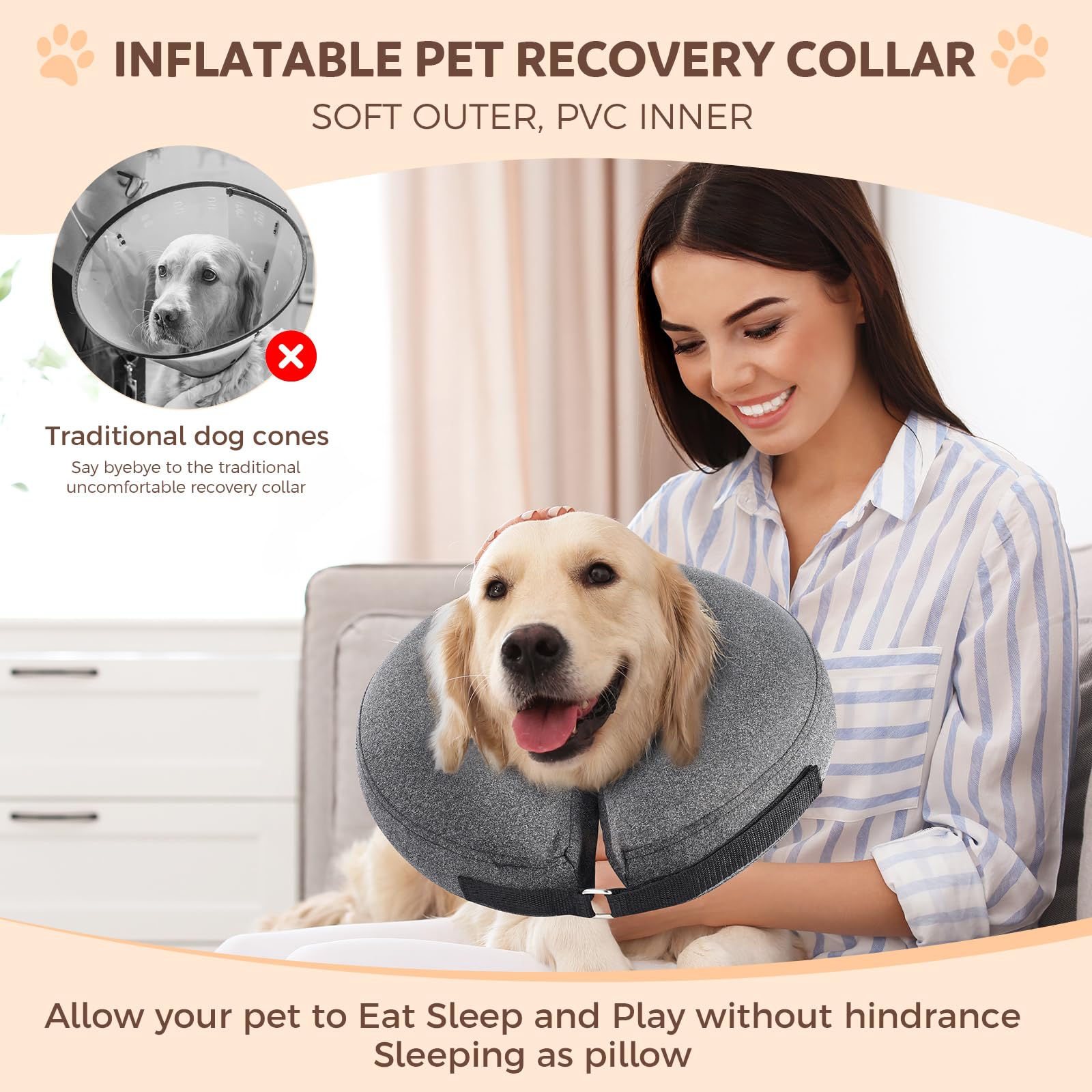 Haoion Inflatable Dog Cone Collar, Recovery Dog Cone After Surgery, Adjustable Blow up Dog Donut Collar, Pet Recovery Collar for Dogs and Cats Size M 8”-12”