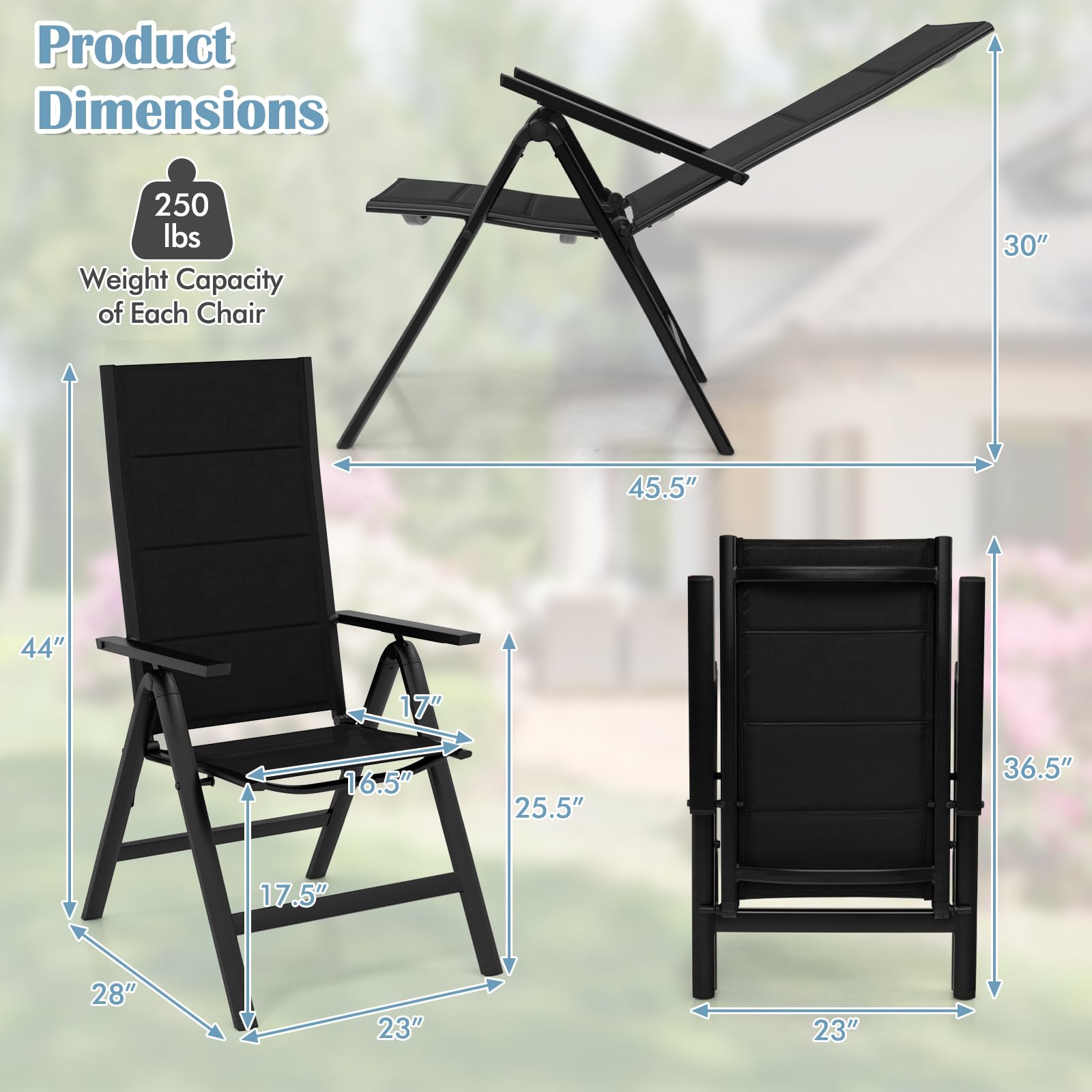 Tangkula Patio Folding Chair Set of 4, Outdoor Dining Chairs with Soft Padded Seat, 7-Position Adjustable Backrest, Armrests, Portable Sling Reclining Chairs for Porch Pool Backyard Camping (4, Black)