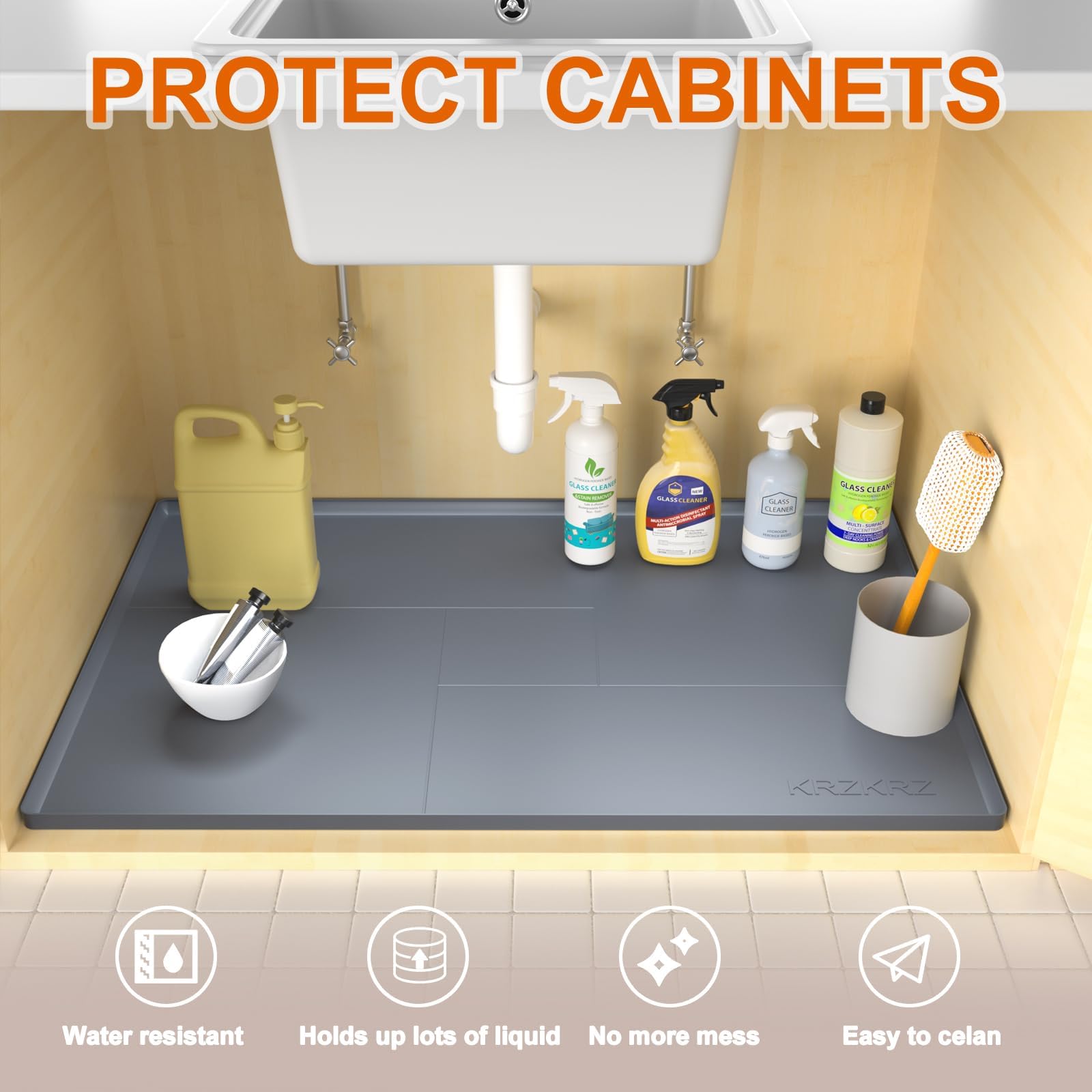 KRZKRZ Under Sink Mat 34x22,Multi-role Under the Sink Mat,Under Sink Mats for Kitchen Waterproof ,Thick Silicone Under Kitchen Sink Mat ,Grey Under Sink Tray can Store and Protect Bathroom,Cabinet.