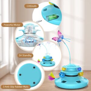 Cat Toys, 4-in-1 cat interactive toy for indoor Rechargeable Automatic with Fluttering Butterfly Random Moving Ambush Feather 2-Tier Track Balls for Bored Indoor Adult Cats Kittens All Breeds