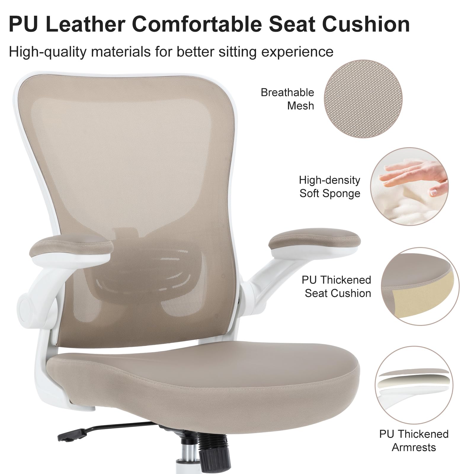 TOPBSHODC Office Chair, Ergonomic Desk Chair with Flip-up Armrests, PU Leather Computer Chair with Lumbar Support, Home Office Desk Chairs with Thickened Cushion, Swivel Mesh Task Chair, Khaki