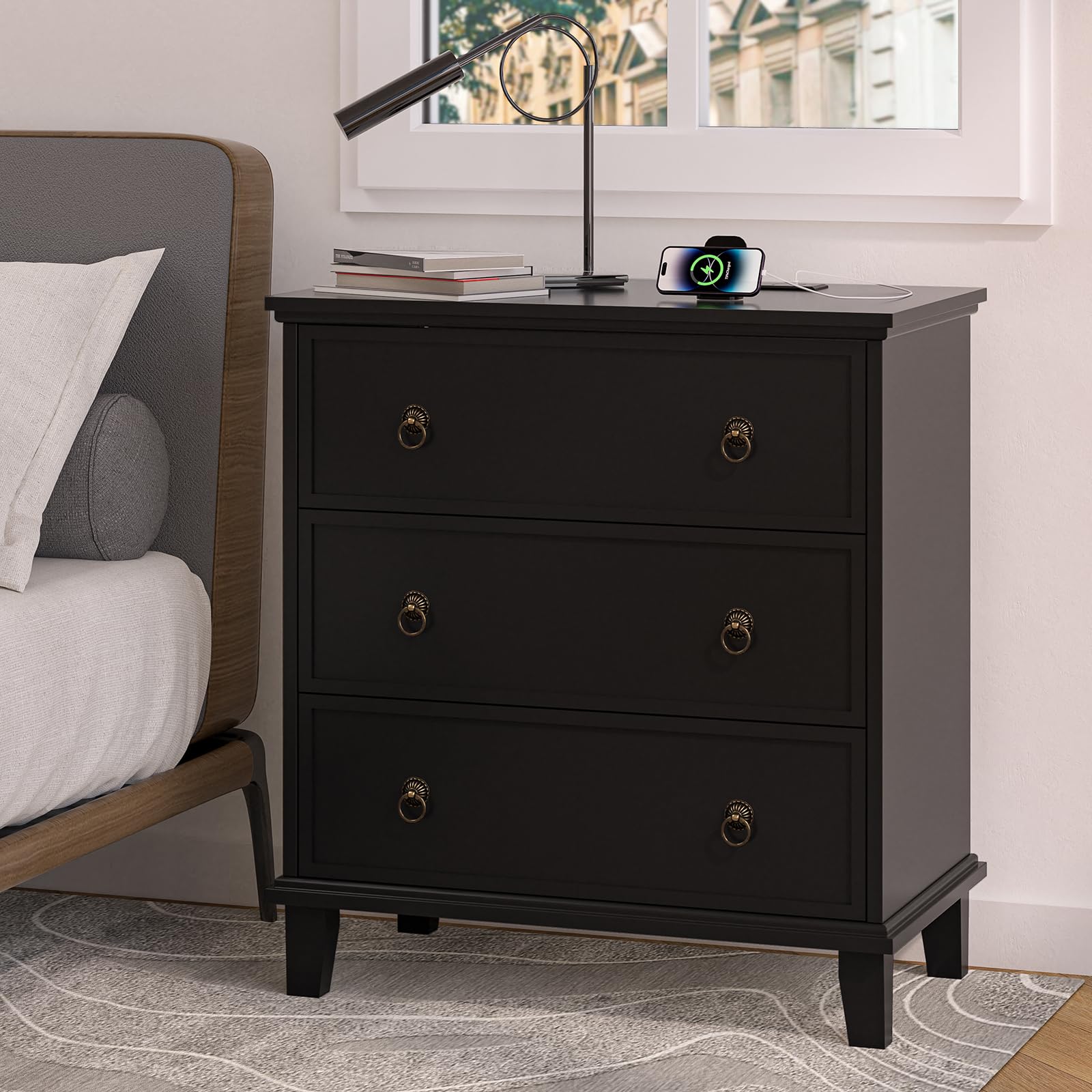 COWMOU Large Black Nightstand with Charging Station, 3 Drawers Nightstand 29.8" X 27.6", Farmhouse Bedside Table Nightstand with 3 Drawer for Bedroom, Hallway, Entryway