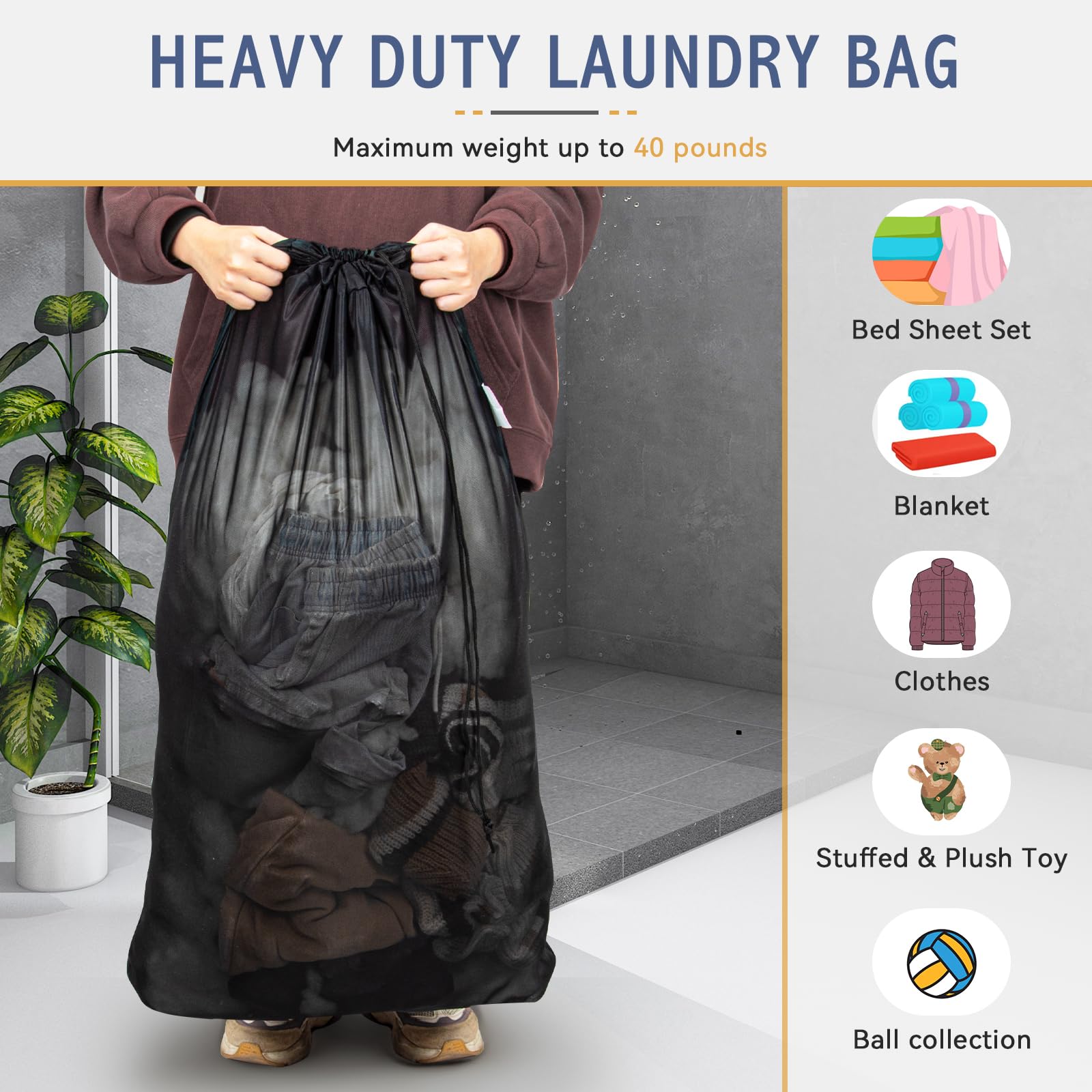 Isink Mesh Laundry Bag, 24" x 36" Large Heavy Duty Laundry Bag,Travel Laundry Bag for Dirty Clothes,Drawstring Laundry Bag for Apartments, College Dormitories,Camp (1 Pack, Black)