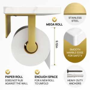 Double SHELVE Toilet Paper Holder with Natural Marble Shelf, Screw Wall Mounted, Tissue Roll Holder for Bathroom Gold