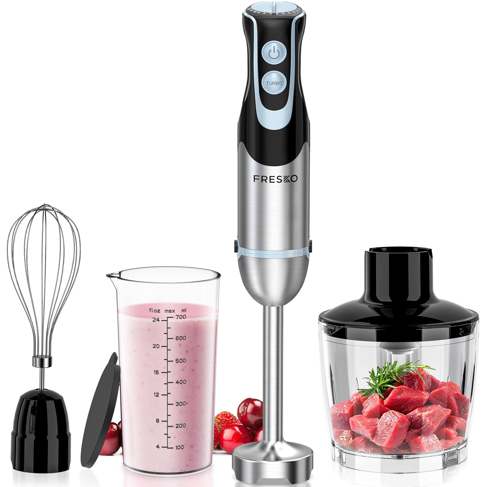 FRESKO Immersion Blender Handheld, 4-in-1 Stainless Steel Hand Stick Blender Electric with 12-Speeds & Turbo Mode, Powerful 500W Emulsion Blender with Beaker, Chopper & Whisk for Smoothies, Soup