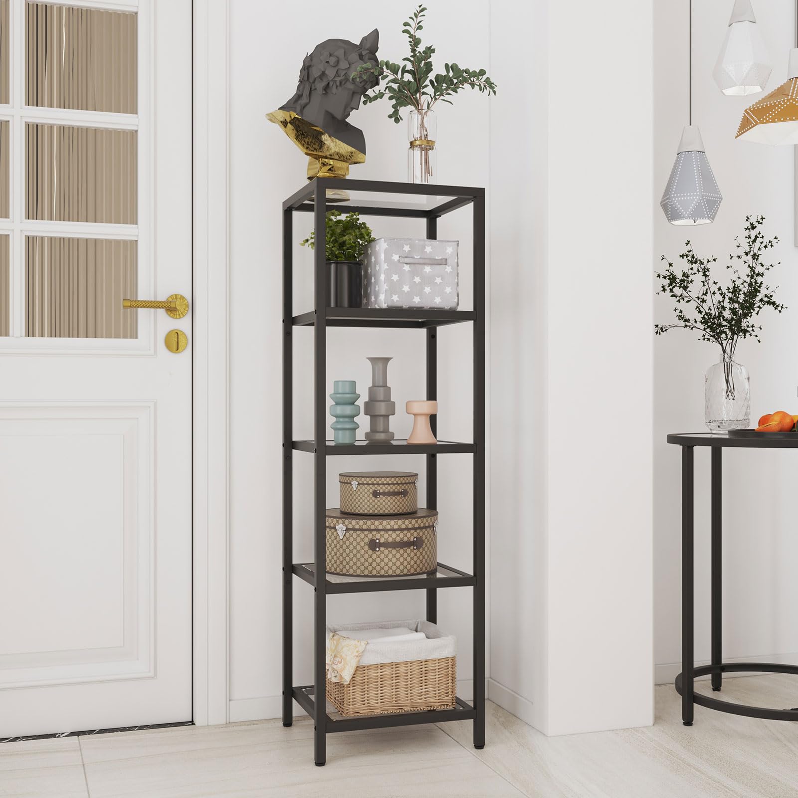 YMYNY Standing Storage Shelf Units, 5-Tier Tempered Glass Shelving Unit, Bookcase, Storage Rack Shelf for Bedroom, Bathroom, Home Office, Modern Style, 49.2H*13.8L*11.8W, Black UHGD005B