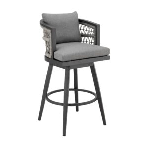 zella outdoor patio swivel counter stool in aluminum with light gray rope and earl gray cushions