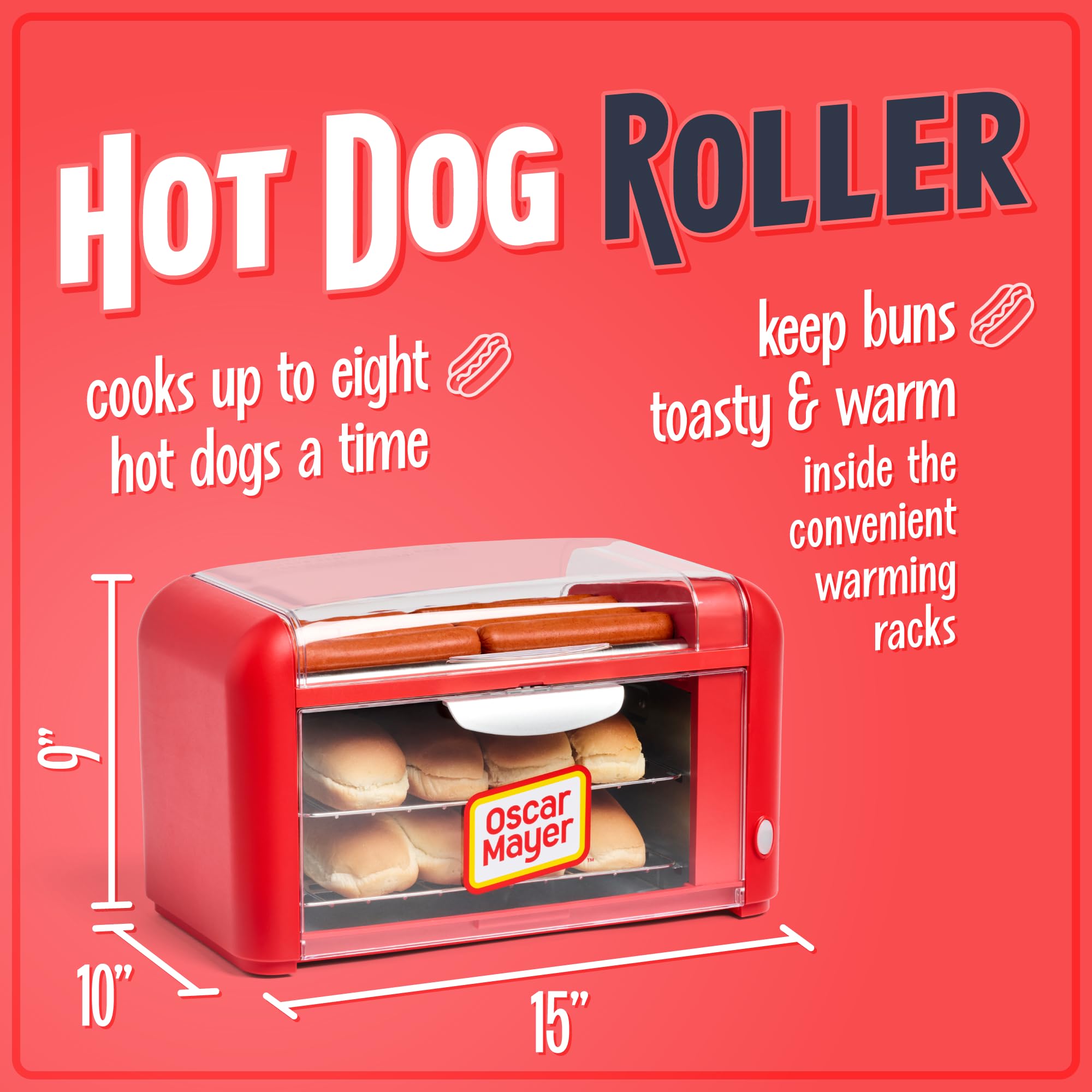 Nostalgia Oscar Mayer Extra Large 8 Hot Dog Roller & Bun Toaster Oven, Stainless Steel Grill Rollers, Non-stick Warming Racks, Perfect for Dogs, Veggie Sausages, Brats, Adjustable Timer, Red