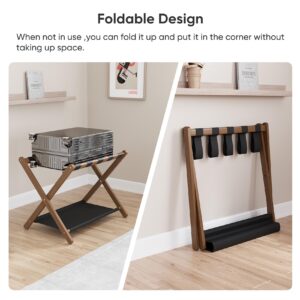 Smuxee Walnut Bamboo Luggage Rack Pack of 2, Foldable Suitcase Stand with Storage Shelf, Easily Assembled Luggage Stand with 5 Nylon-Straps for Guest Room Hotel Bedroom