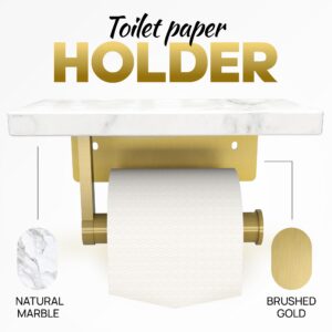 Double SHELVE Toilet Paper Holder with Natural Marble Shelf, Screw Wall Mounted, Tissue Roll Holder for Bathroom Gold