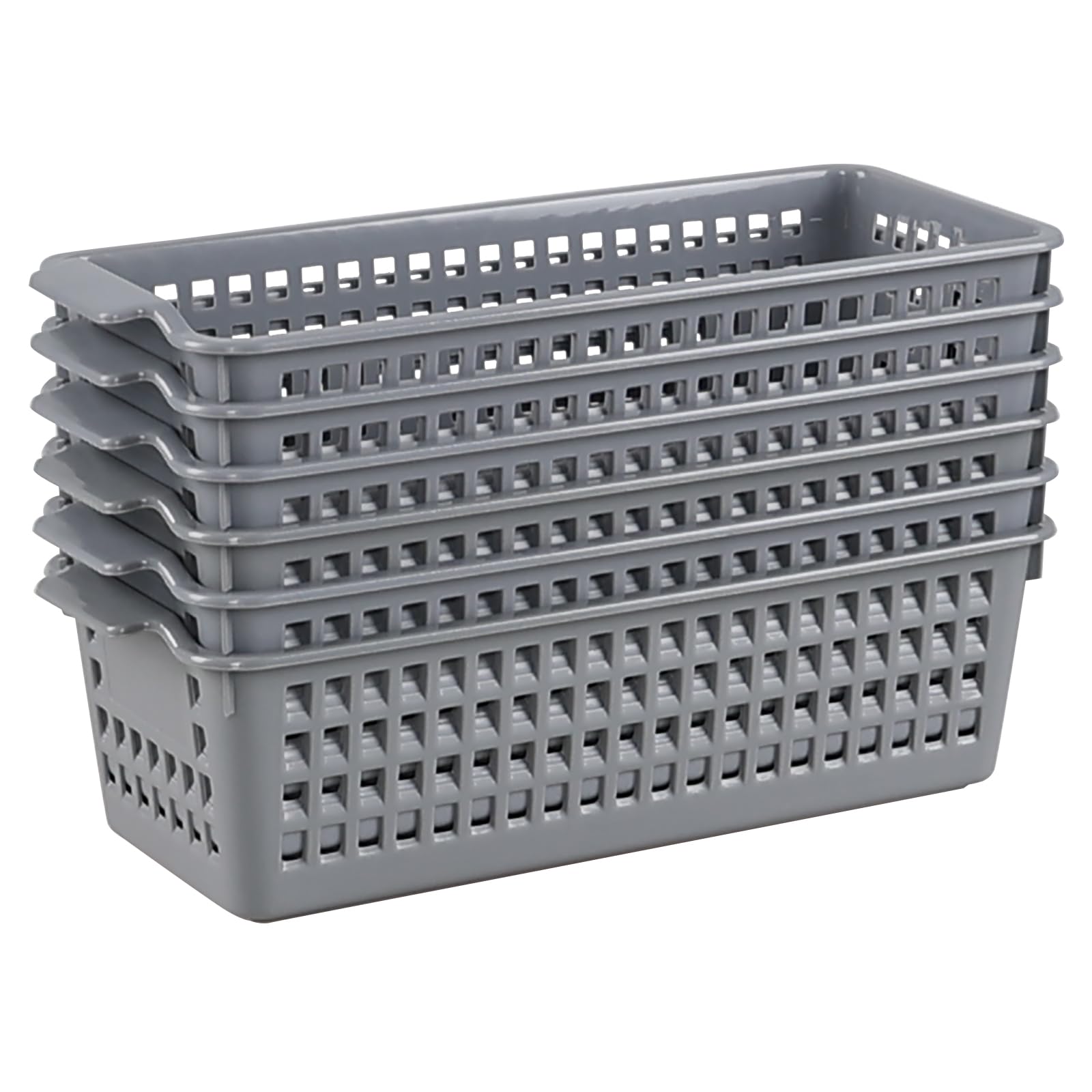 Knifefish 6 Packs Slim Plastic Storage Trays Baskets,Pencil Organizer 11.61" x 5.03", Grey