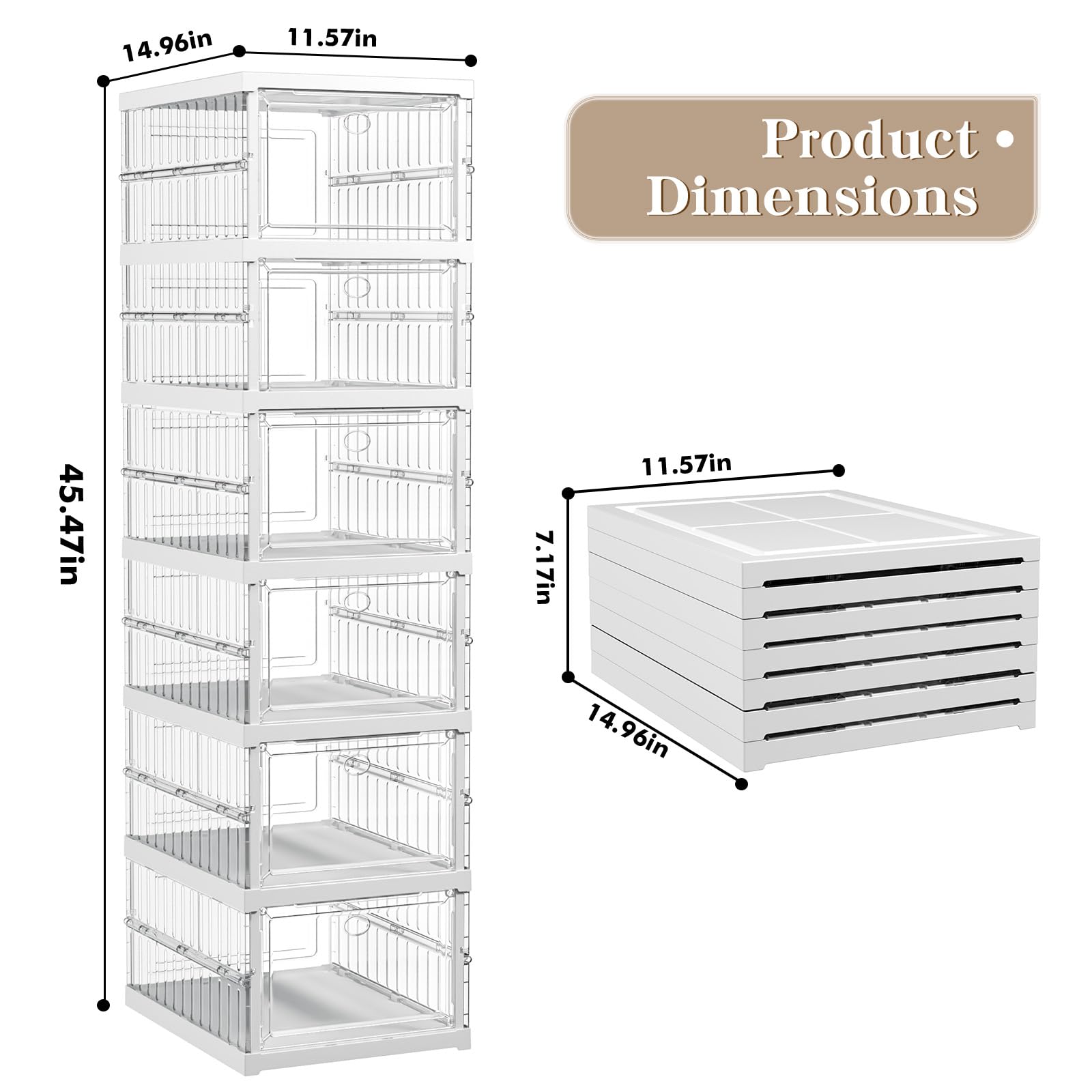 Shoe Box Organizer 6-Tier- No-Assembly, One-Piece Design, Magnetic Clear Doors, Compact Foldable & Space-Saving, Ideal for Sneaker Display & Everyday Footwear, Dimensions 11.3"x15"x45.7" - Clear White