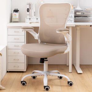 topbshodc office chair, ergonomic desk chair with flip-up armrests, pu leather computer chair with lumbar support, home office desk chairs with thickened cushion, swivel mesh task chair, khaki