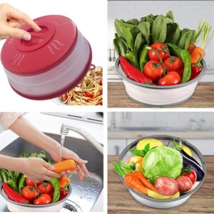 Microwave Splatter Cover Vented for Food, Microwave Plate Cover Splatter Guard & Colander, Fruit Vegetables Drainer with Hook Hole, Dishwasher-Safe,BPA-Free Silicone & Plastic (Red)