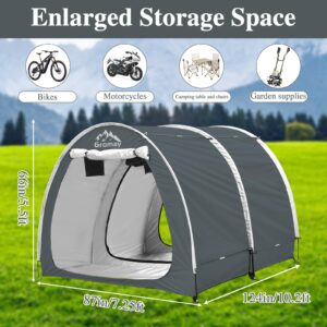 Gromay Outdoor Bike Storage Shed Tent, 10x7.3FT Large 2 in 1 Bicycle Cover Double Doors Portable Motorcycle Tent PU4000 Waterproof 3 Layers Silver Coated Oxford Cover Foldable Garden Tools Shelter