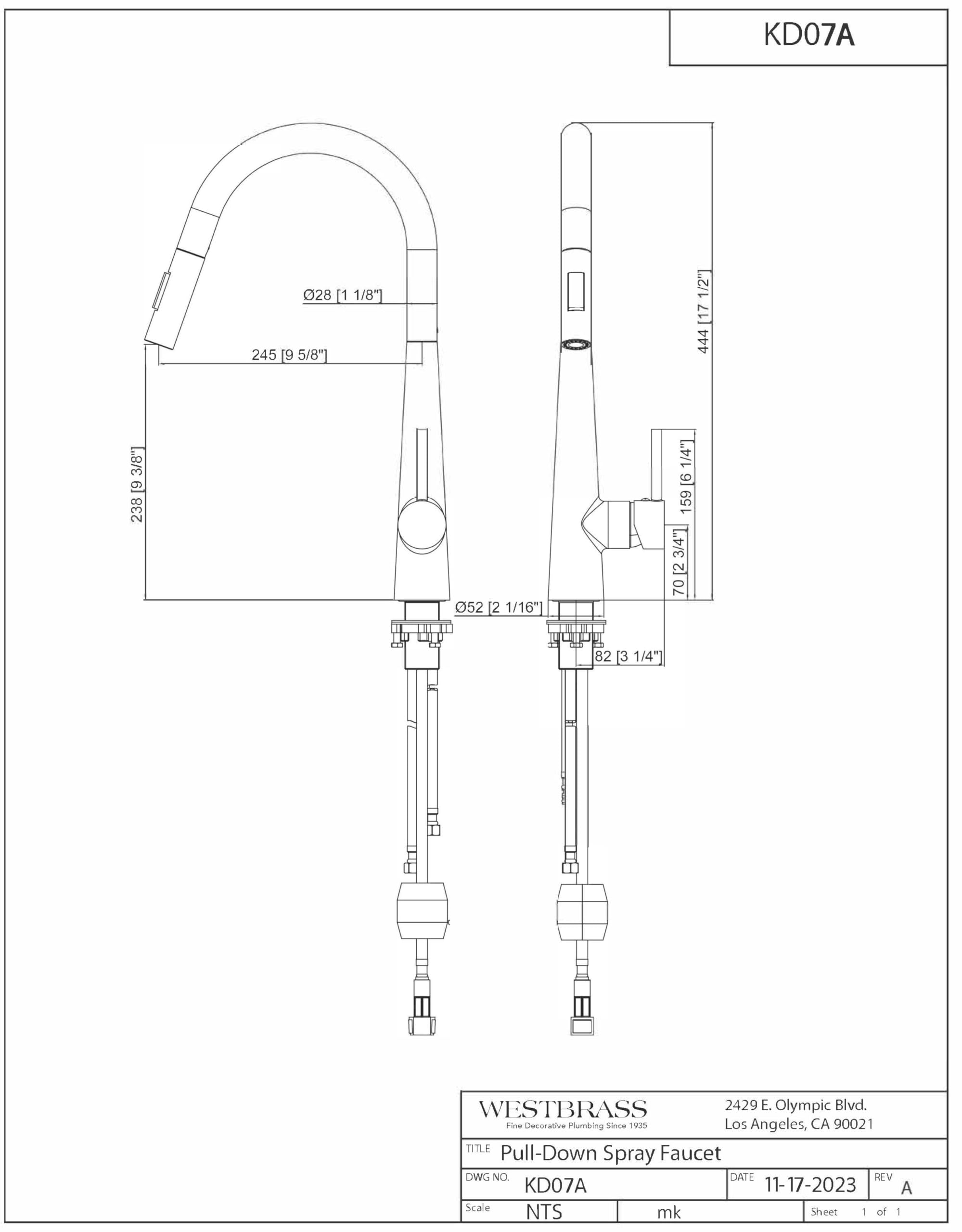 Westbrass KD07A-26 17" Single Handle Kitchen Faucet with Adjustable Pull Down Sprayer, Polished Chrome