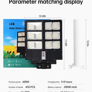 600W Solar Street Lights Outdoor ,20000mah high-capacity battery, 60000LM High Brightness LED Lamp, with Motion Sensor and Remote Control, for Parking Lot, Yard, Garden, Patio, Stadium, Piazza