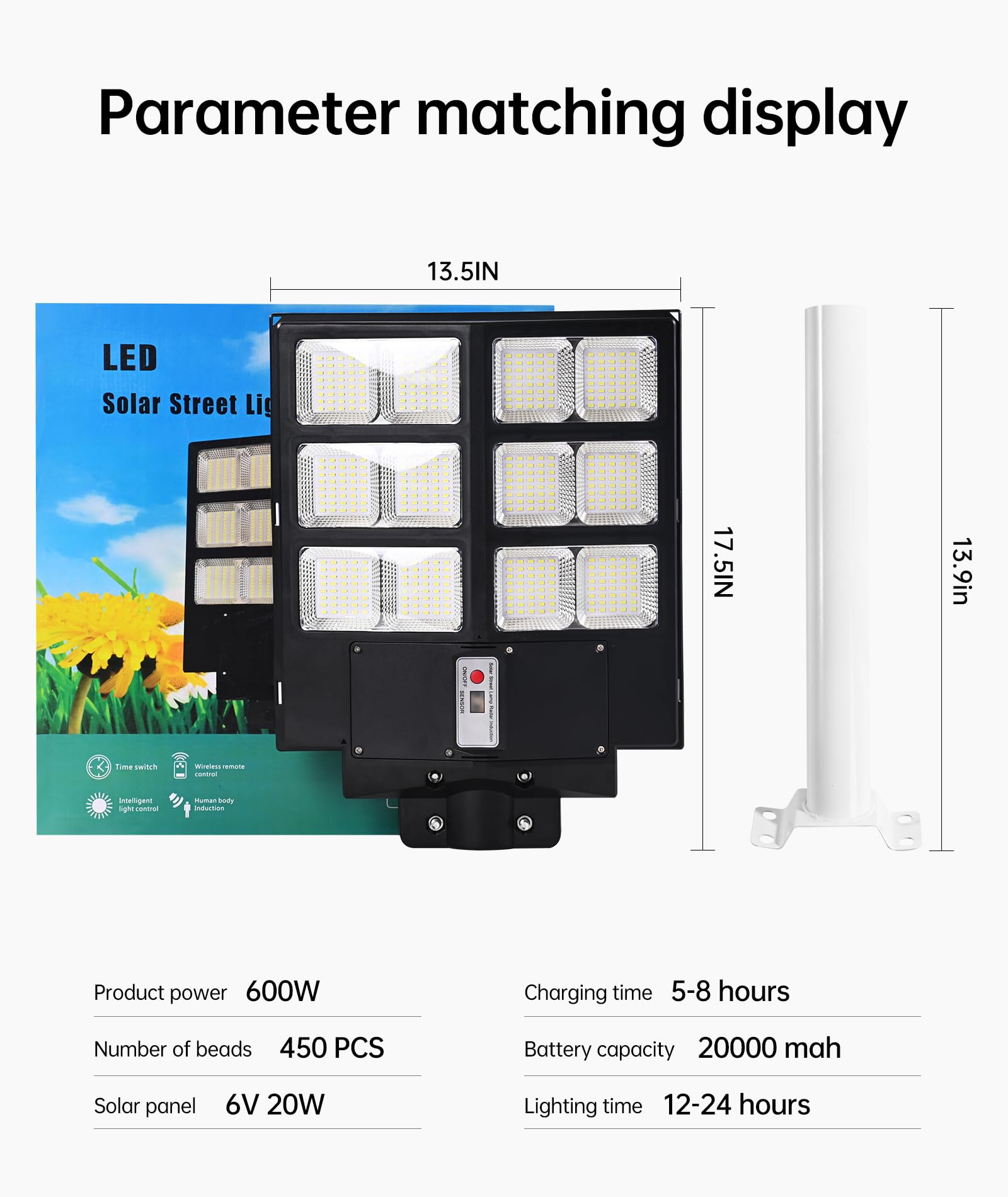 600W Solar Street Lights Outdoor ,20000mah high-capacity battery, 60000LM High Brightness LED Lamp, with Motion Sensor and Remote Control, for Parking Lot, Yard, Garden, Patio, Stadium, Piazza