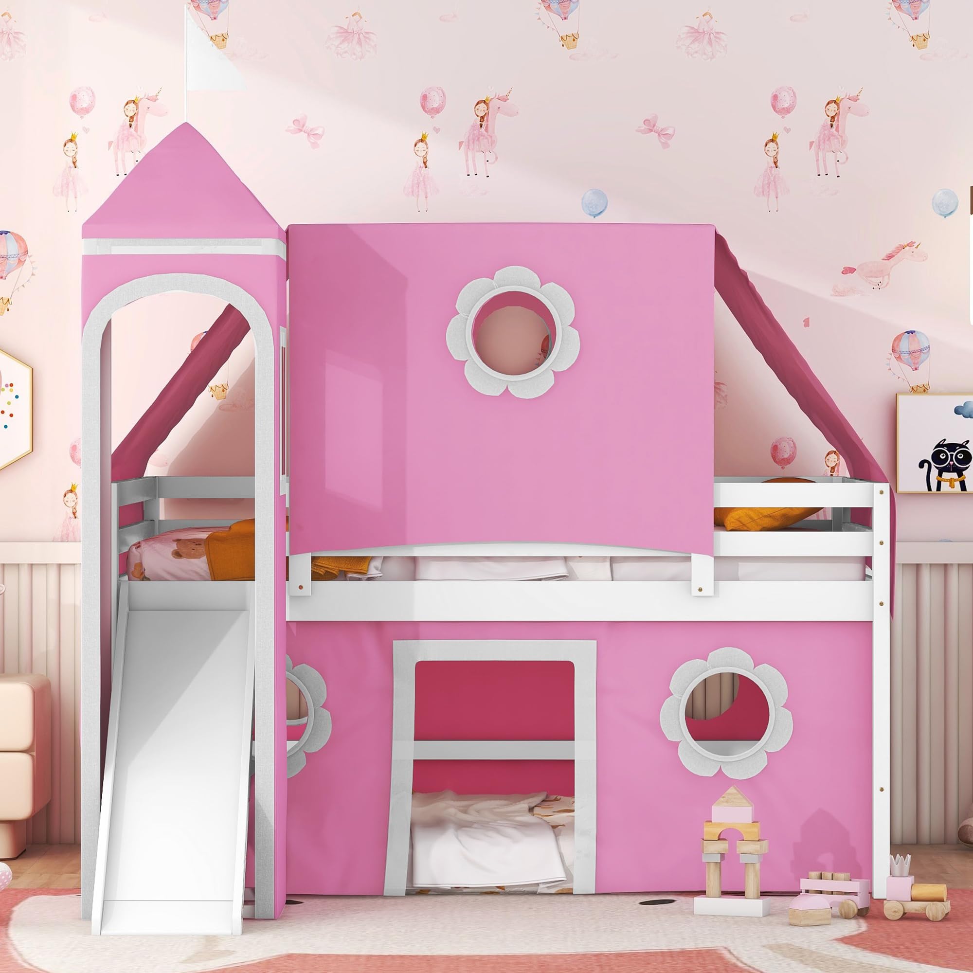 Harper & Bright Designs House Loft Bed with Slide and Tent, Full Size Loft Bunk Bed with Tower and Ladders, Wood Bunk Bed with Slide, Playhouse Bed Frame for Kids, Teens, Boys & Girls (Full, Pink)