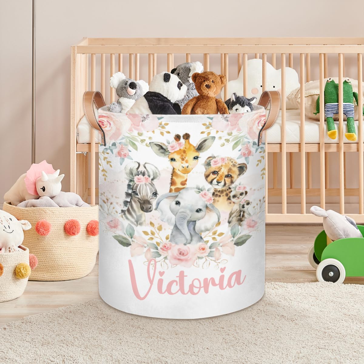 Personalized Laundry Basket, Custom Gift Laundry Hamper, Collapsible Nursery Waterproof Laundry Baskets, Dirty Clothes Toy Hamper with Handles Jungle Safari Blush Floral