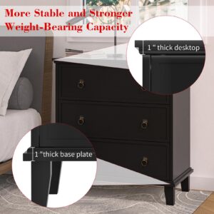 COWMOU Large Black Nightstand with Charging Station, 3 Drawers Nightstand 29.8" X 27.6", Farmhouse Bedside Table Nightstand with 3 Drawer for Bedroom, Hallway, Entryway