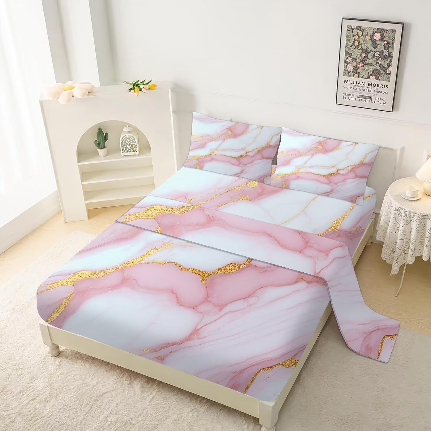 FUYEUN Pink Marble Sheets Set Twin Size Aesthetic Marbling Kids Bedding for Girls Teens Bedroom Bed, Chic Fitted Sheets Bedspread Set,1 Flat Sheet 1 Fitted Sheet 1 Pillowcase