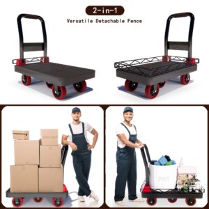 2IN1 Heavy Duty Platform Trucks Flatbed Carts, 42×26In 2000lbs Capacity Push Cart Dolly Hand Trucks w/Detachable Solid Steel Wire Fence, Collapsible Cage Cart Dolly, 5-Inch Silent TPR Wheels