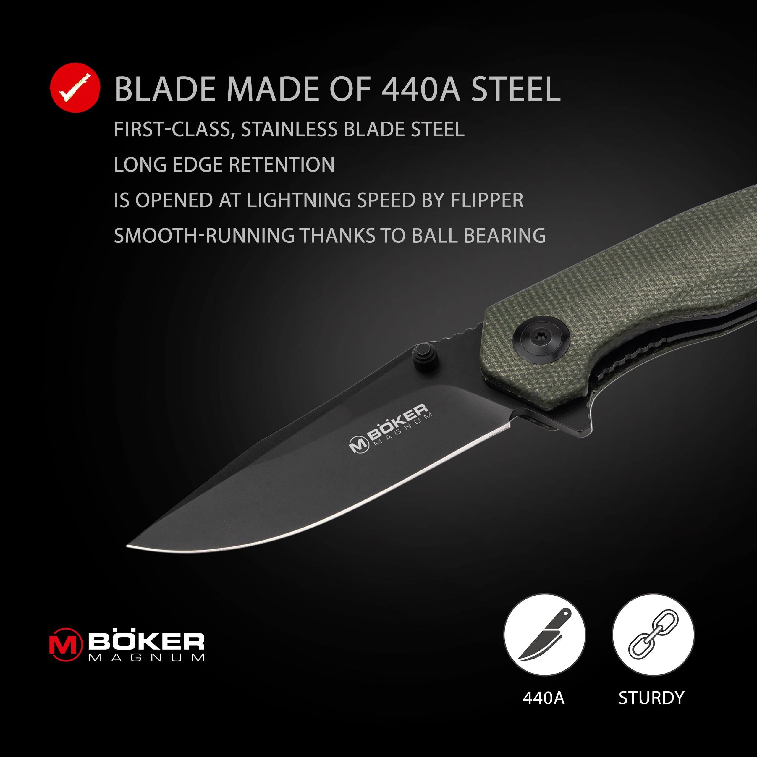 Boker Magnum Field Flipper -flipper pocket knife with Micarta handle scales - folding knife with 440A blade - small knife with clip