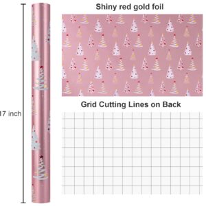 Burymento Christmas Wrapping Paper Roll, Pink Gift Wrap Paper with Grid Lines for Christmas，Metallic Foil Shiny Wrapping Paper - 17 Inches x 32.8 Feet 1 Roll Christmas Trees