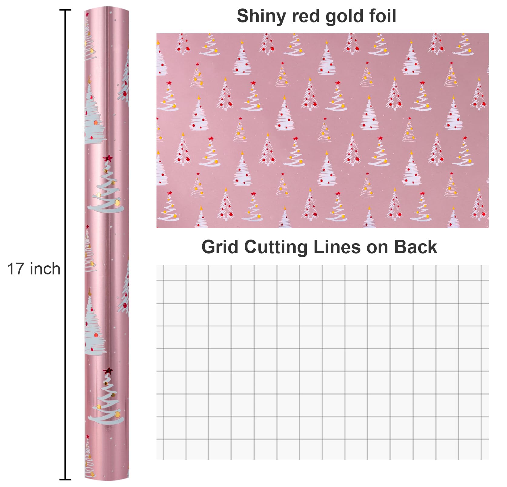 Burymento Christmas Wrapping Paper Roll, Pink Gift Wrap Paper with Grid Lines for Christmas，Metallic Foil Shiny Wrapping Paper - 17 Inches x 32.8 Feet 1 Roll Christmas Trees