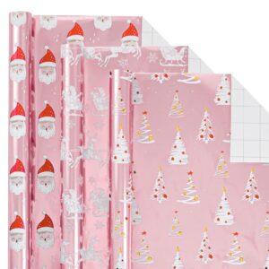 maypluss pink christmas wrapping paper - 17in x 120in per roll - girly festive metallic foil trees, cute santa, winter sled design christmas girls pink gift wrap paper for winter holiday, birthday