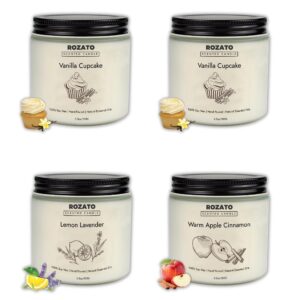 rozato set of 4 scented jar candles, aromatherapy candles clearance for home scented, long-lasting 100% soy wax candle gifts for women her mom housewarming, lavender vanilla apple cinnamon scents