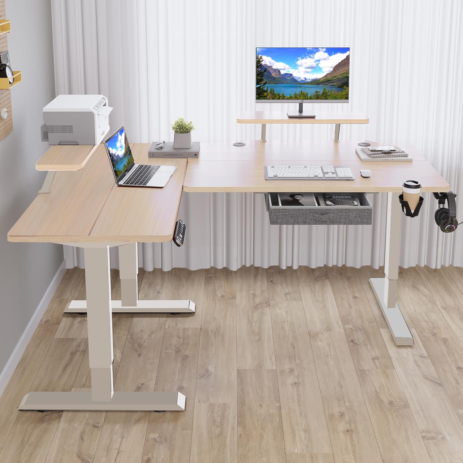 Jceet 62x47 Inches L Shaped Electric Standing Desk with Drawer, Adjustable Height Sit Stand Up Desk with Storage Shelf, Pale Pearwood Top/White Frame