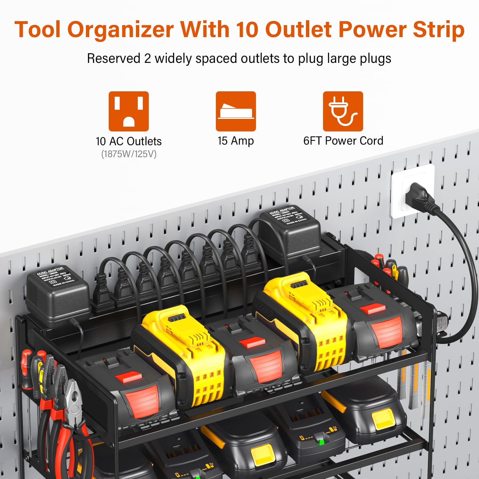 JUNNUJ Power Tool Organizer with 10 Outlet Power Strip, 3 Layer Wall Mount Drill Holder with Charging Station, 4 Drills Storage Shelf Shop Garage Utility Rack, Black