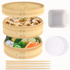 misha's homely finds bamboo steamer basket 2 tier 10 inch, 50 reusable paper liners, 2 pairs chopsticks, 1 ceramic sauce dish natural homemade food basket