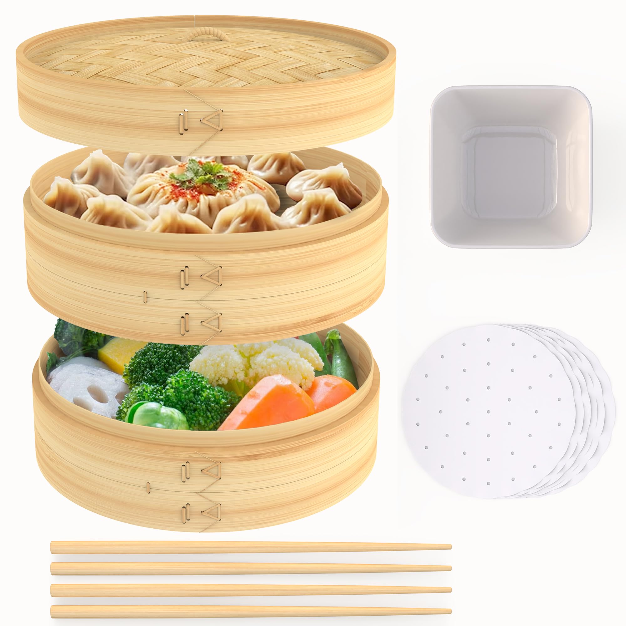 Misha's Homely Finds Bamboo steamer basket 2 tier 10 inch, 50 reusable paper liners, 2 pairs chopsticks, 1 ceramic sauce dish natural homemade food basket