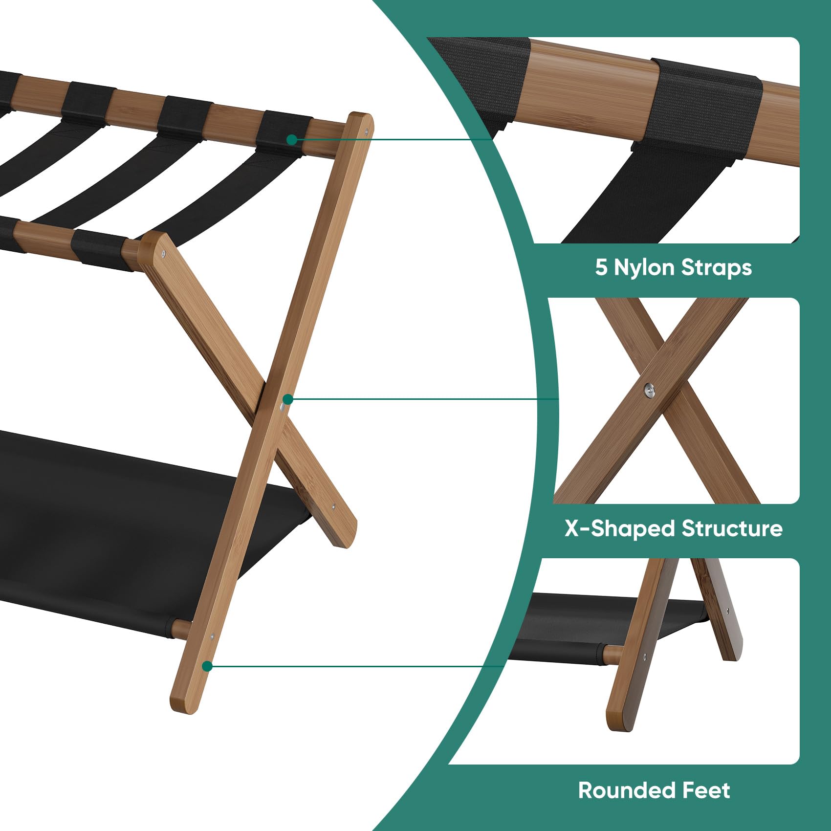 Smuxee Walnut Bamboo Luggage Rack Pack of 2, Foldable Suitcase Stand with Storage Shelf, Easily Assembled Luggage Stand with 5 Nylon-Straps for Guest Room Hotel Bedroom