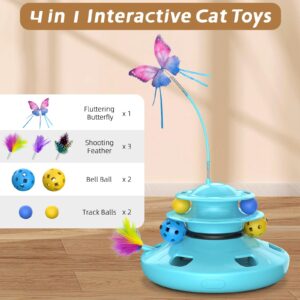 Cat Toys, 4-in-1 cat interactive toy for indoor Rechargeable Automatic with Fluttering Butterfly Random Moving Ambush Feather 2-Tier Track Balls for Bored Indoor Adult Cats Kittens All Breeds