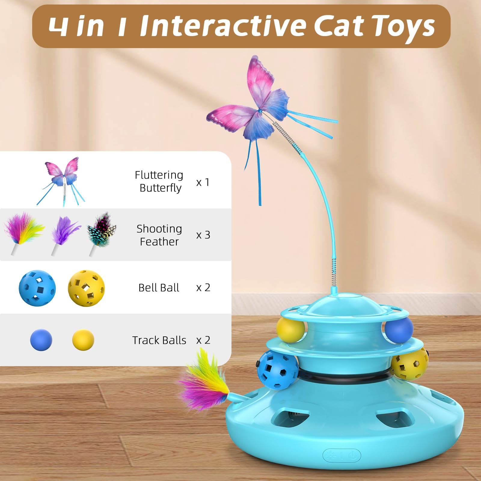 Cat Toys, 4-in-1 cat interactive toy for indoor Rechargeable Automatic with Fluttering Butterfly Random Moving Ambush Feather 2-Tier Track Balls for Bored Indoor Adult Cats Kittens All Breeds