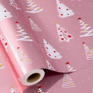 burymento christmas wrapping paper roll, pink gift wrap paper with grid lines for christmas，metallic foil shiny wrapping paper - 17 inches x 32.8 feet 1 roll christmas trees