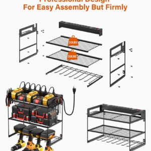 JUNNUJ Power Tool Organizer with 10 Outlet Power Strip, 3 Layer Wall Mount Drill Holder with Charging Station, 4 Drills Storage Shelf Shop Garage Utility Rack, Black