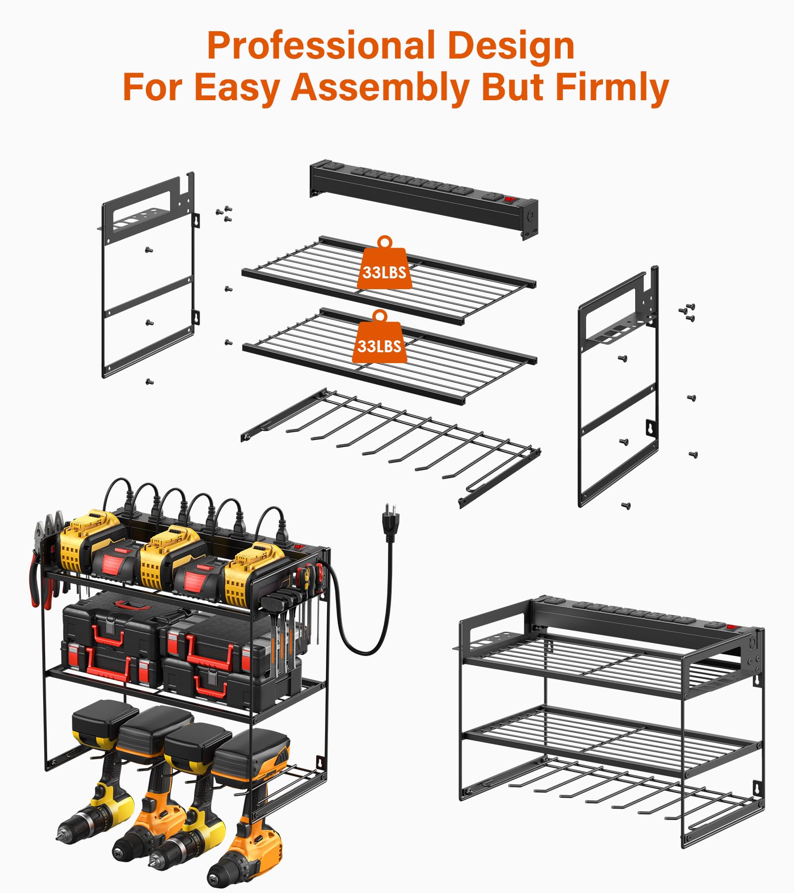 JUNNUJ Power Tool Organizer with 10 Outlet Power Strip, 3 Layer Wall Mount Drill Holder with Charging Station, 4 Drills Storage Shelf Shop Garage Utility Rack, Black