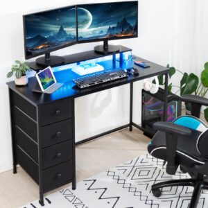 LOAKEKEL 55 Inch Desk with Drawers, Gaming Desk with LED Light & Power Outlets, Black Computer Desk with Monitor Stand, Writing Desk with Headphone Hook for Home Office, Bedroom, HGD14BK