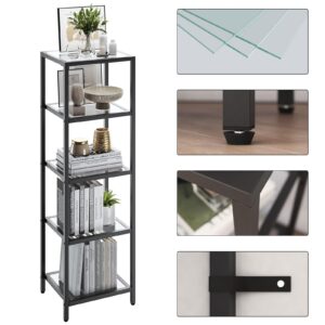 YMYNY Standing Storage Shelf Units, 5-Tier Tempered Glass Shelving Unit, Bookcase, Storage Rack Shelf for Bedroom, Bathroom, Home Office, Modern Style, 49.2H*13.8L*11.8W, Black UHGD005B