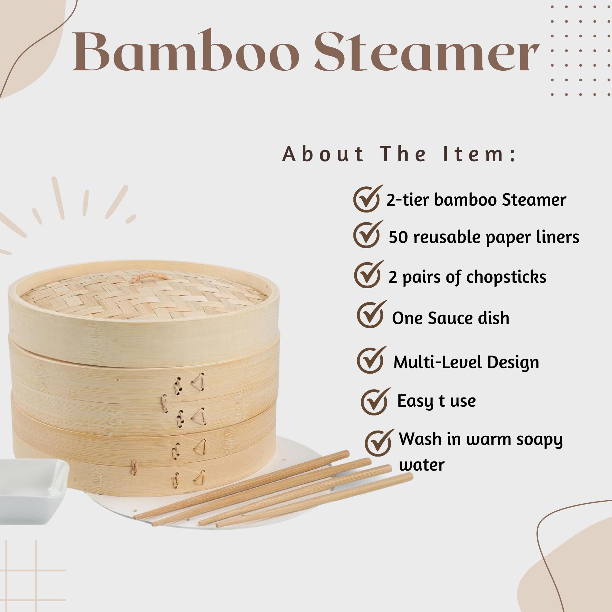 Misha's Homely Finds Bamboo steamer basket 2 tier 10 inch, 50 reusable paper liners, 2 pairs chopsticks, 1 ceramic sauce dish natural homemade food basket