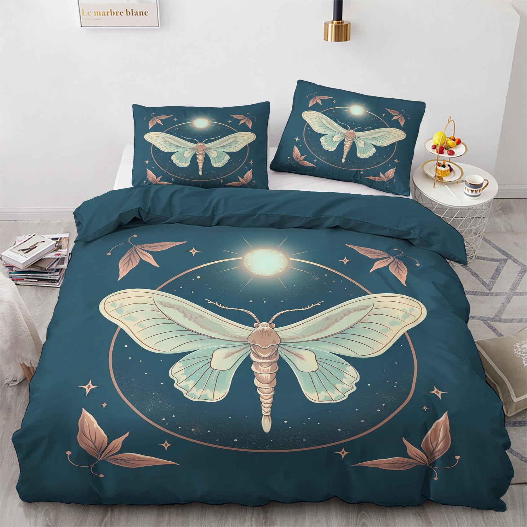 zcwl Moth Duvet Cover Full Size | Celestial Moon Butterfly Bedding Set | 3 Piece | Soft Microfiber Patterned Comforter Cover with Zipper Ties & 2 Pillowcases | Moth Bedroom Decor